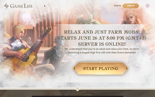 Screenshot of the gamelife.club home page