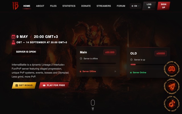 Screenshot of the infernalbattle.com home page