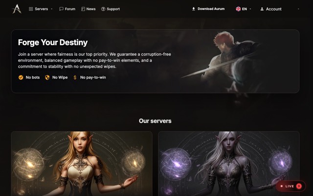 Screenshot of the L2Aurum home page