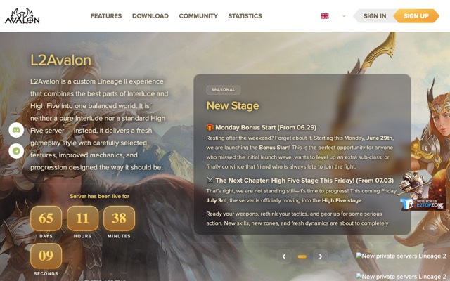 Screenshot of the l2avalon.net home page