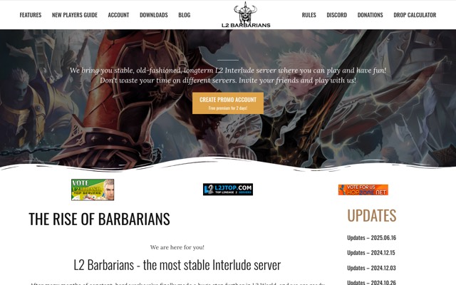 Screenshot of the L2Barbarians home page