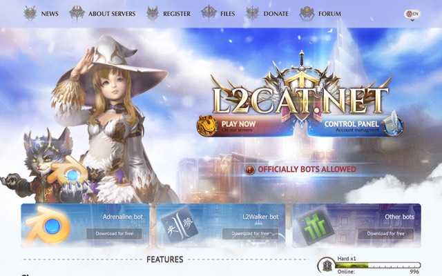 Screenshot of the l2cat.net home page
