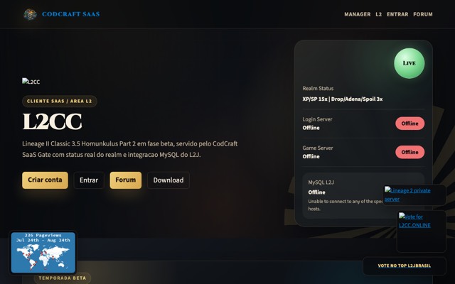 Screenshot of the l2cc.online home page