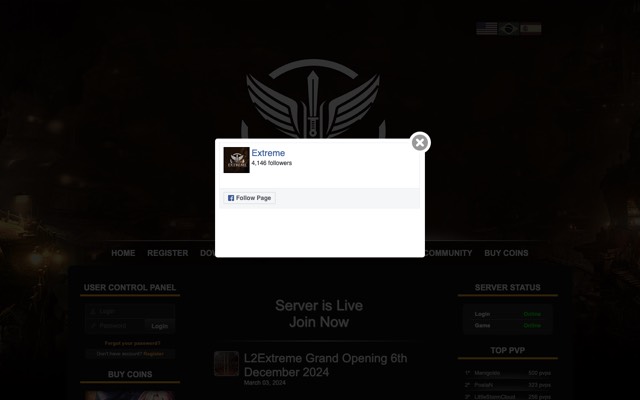 Screenshot of the l2extreme.net home page