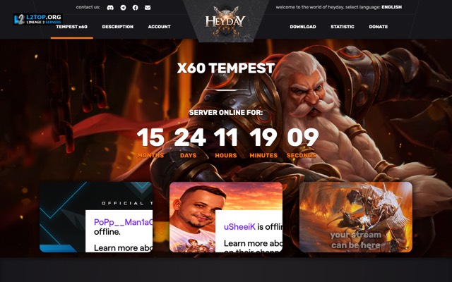 Screenshot of the l2heyday.org home page