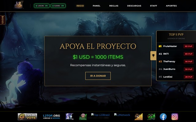 Screenshot of the l2origins.duckdns.org home page