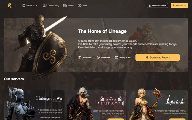 Screenshot of the L2 Reborn home page