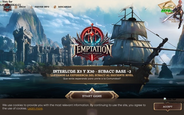 Screenshot of the Lineage II Temptation home page