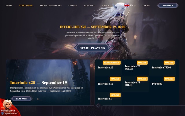 Screenshot of the l2warland.net home page