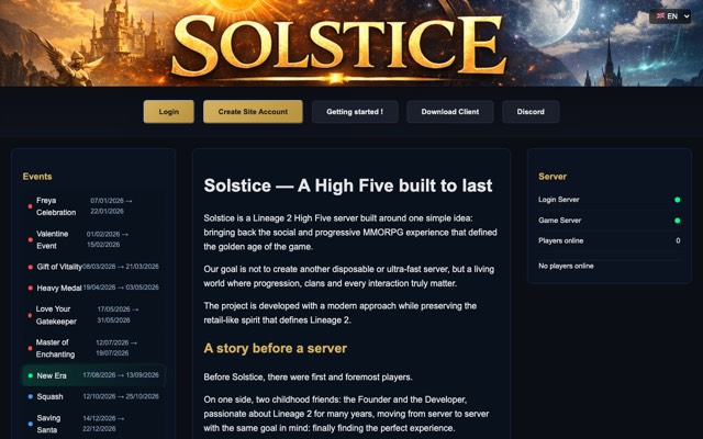 Screenshot of the lineage2solstice.com home page