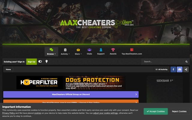 Screenshot of the MaxCheaters home page