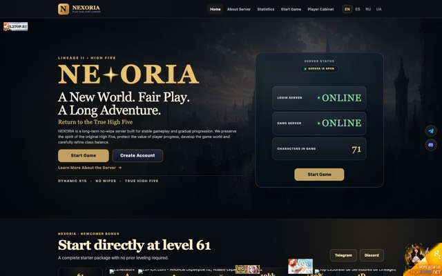 Screenshot of the playnexoria.com home page