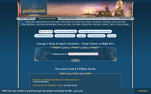 Screenshot of the PMfun Lineage Database home page