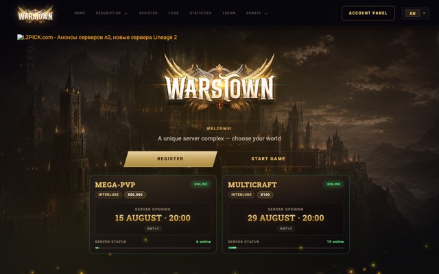 Screenshot of the warstown.net home page